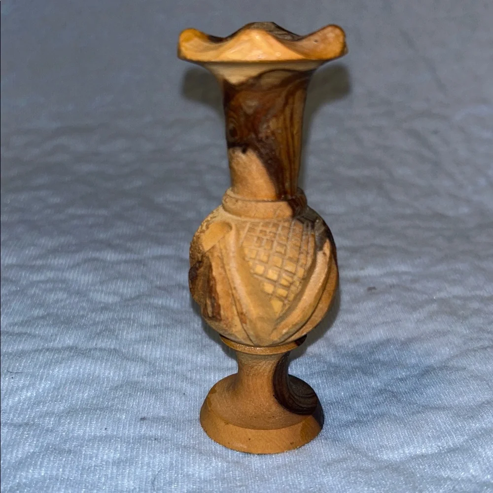 Bohemian Look Hand Carved Cross Hatched Olive Wood Miniature Bud Vase